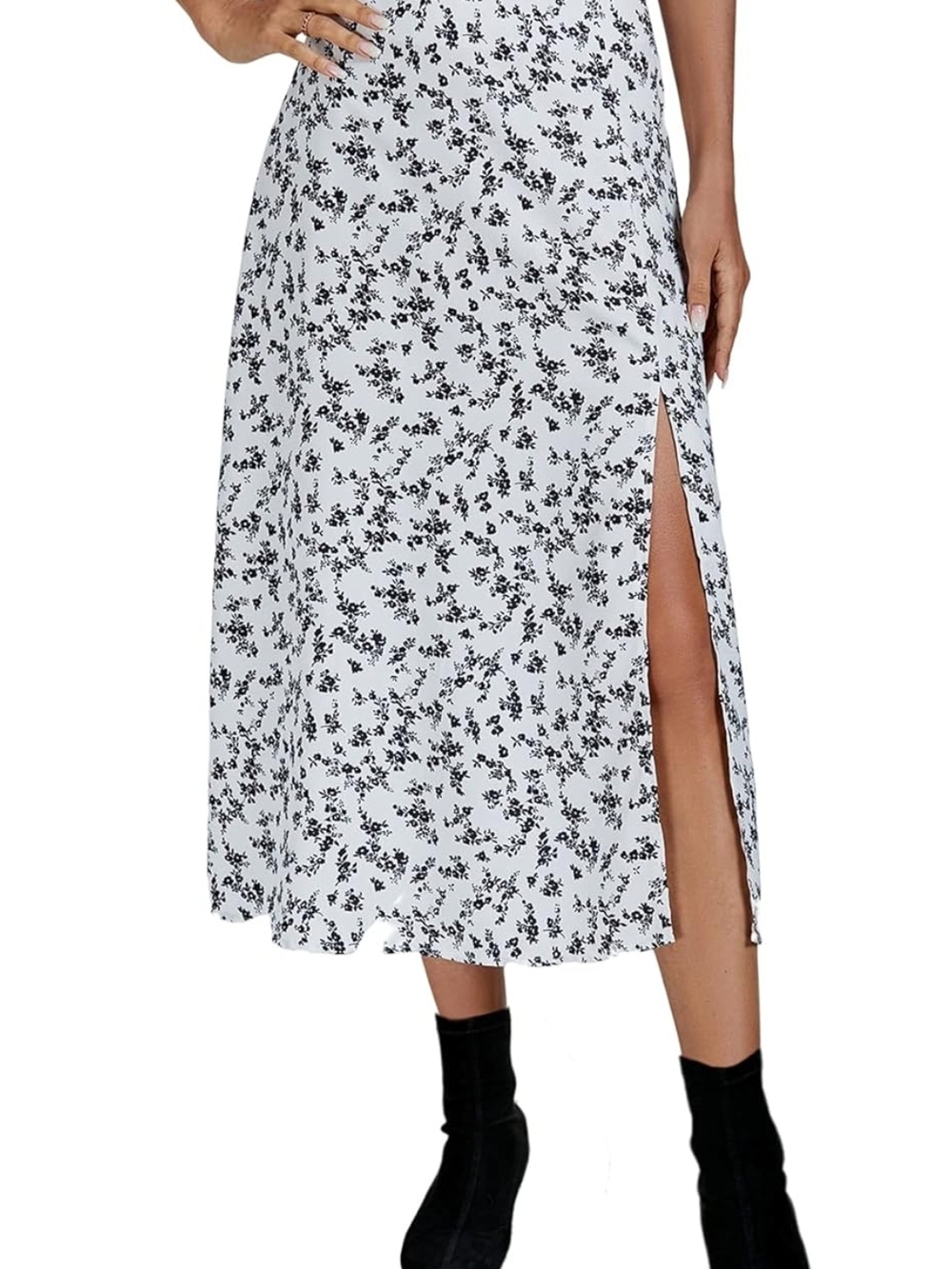 Floral Side-Slit Midi Skirt in White and Black